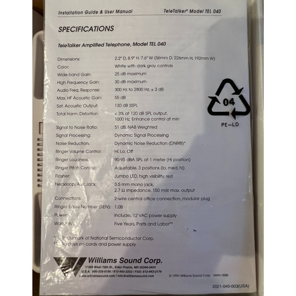 Williams Sound Teletalker Enhanced Amplified Telephone System P/N 2026-294-001 - Picture 4 of 9